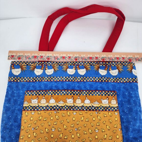 Handmade Chicken Hens Blue Red Large Tote Bag - Picture 9 of 12